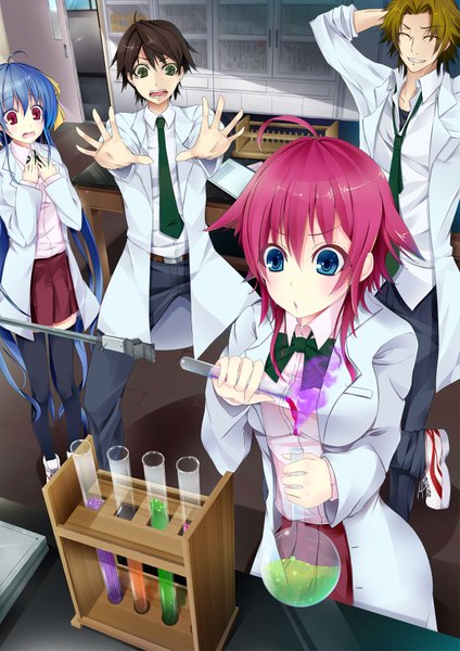 Anime picture 1240x1754 with original aki ii long hair tall image short hair open mouth blue eyes red eyes brown hair multiple girls green eyes blue hair red hair multiple boys girl boy 2 girls necktie 2 boys labcoat