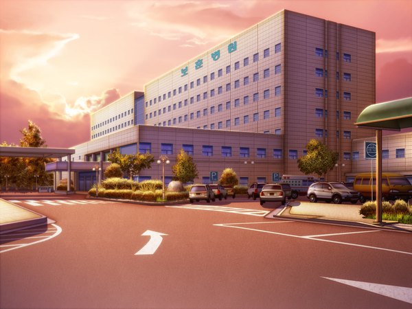 Anime picture 2272x1704 with original dokwoo highres sky cloud (clouds) evening sunset no people street crosswalk plant (plants) tree (trees) building (buildings) ground vehicle car road lamppost traffic sign