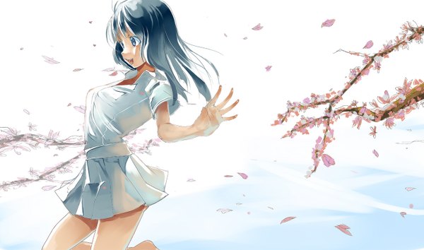 Anime picture 1440x850 with original yae (mono110) single long hair open mouth blue eyes smile wide image blue hair pleated skirt barefoot wind girl skirt miniskirt shirt petals branch