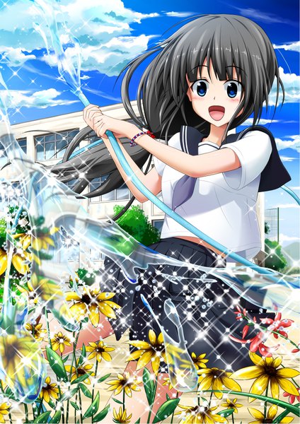 Anime picture 724x1024 with original iwamoto sora single long hair tall image looking at viewer blush open mouth blue eyes smile standing holding sky cloud (clouds) outdoors :d pleated skirt grey hair sparkle short sleeves