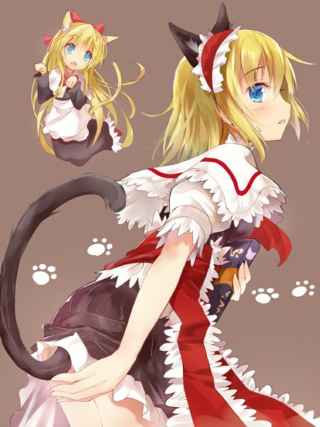 Anime picture 750x1000 with touhou alice margatroid shanghai efe long hair tall image blush short hair open mouth blue eyes simple background blonde hair animal ears tail animal tail cat ears cat girl cat tail girl dress