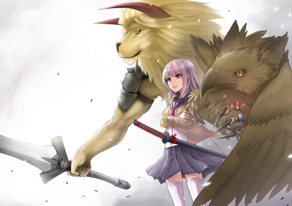 Anime picture 1700x1200 with original abubu long hair open mouth brown eyes purple hair horn (horns) girl thighhighs skirt weapon animal white thighhighs sword bird (birds) katana