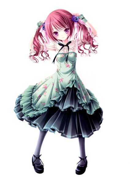 Anime picture 4960x7015 with love kano tinker bell single long hair tall image highres simple background standing white background purple eyes absurdres red hair hair flower light smile loli drill hair arms behind head girl dress hair ornament