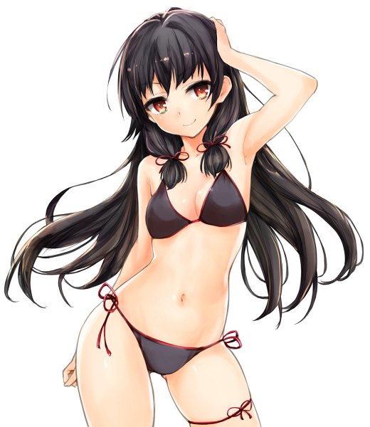 Anime picture 1040x1200 with kantai collection isokaze destroyer harino646 single long hair tall image fringe breasts light erotic black hair simple background smile red eyes standing white background bare shoulders looking away bare legs bare belly armpit (armpits)