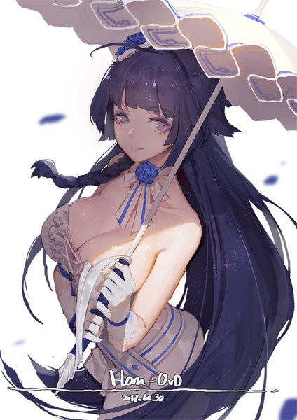 Anime picture 703x994 with honkai impact 3rd benghuai xueyuan honkai (series) raiden mei raiden mei (aeterba purum) han-0v0 single long hair tall image looking at viewer fringe breasts light erotic simple background smile large breasts standing white background purple eyes bare shoulders