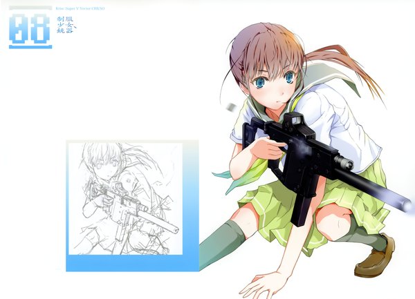 Anime picture 2810x2030 with original fuyuno haruaki highres blue eyes sketch girl uniform weapon school uniform serafuku gun techno fuyuno