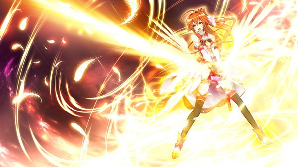 Anime picture 1280x720 with 1/7 no mahoutsukai shinonome yuno tel-o single long hair blush open mouth wide image bare shoulders looking away game cg ahoge ponytail orange hair orange eyes magic glowing side ponytail aura girl