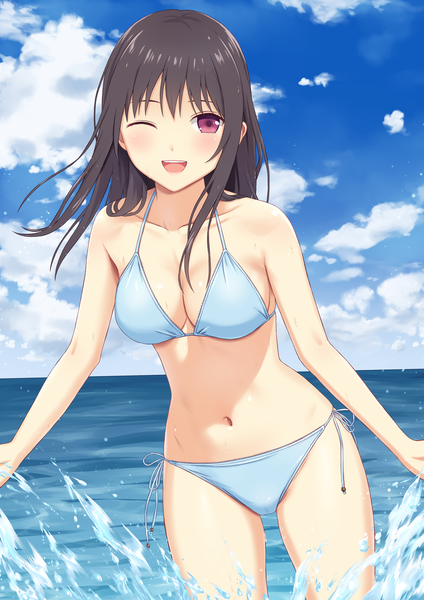 Anime picture 2900x4100 with original n.g. single long hair tall image looking at viewer blush fringe highres breasts open mouth light erotic smile brown hair large breasts standing sky cleavage cloud (clouds) outdoors