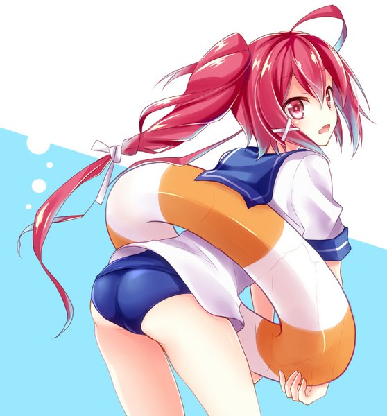 Anime picture 800x860 with kantai collection i-168 submarine kubyou azami single long hair tall image open mouth light erotic hair between eyes looking away pink hair ass pink eyes side ponytail girl uniform swimsuit serafuku one-piece swimsuit school swimsuit