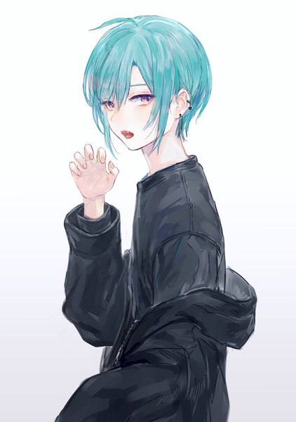 Anime picture 670x952 with virtual youtuber nijisanji ryuushen iei000 single tall image looking at viewer fringe short hair open mouth simple background hair between eyes purple eyes ahoge aqua hair open jacket gradient background piercing ear piercing androgynous