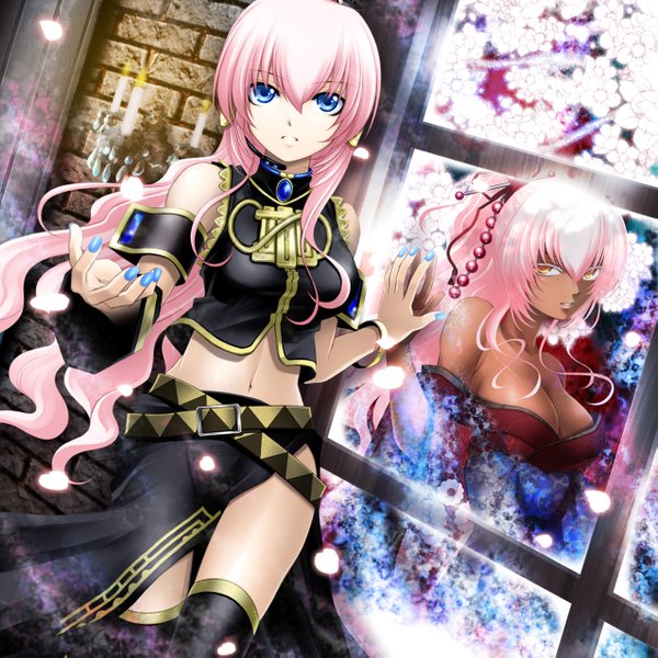 Anime picture 1275x1275 with vocaloid megurine luka kuromayu long hair looking at viewer blue eyes yellow eyes pink hair midriff girl thighhighs navel detached sleeves petals