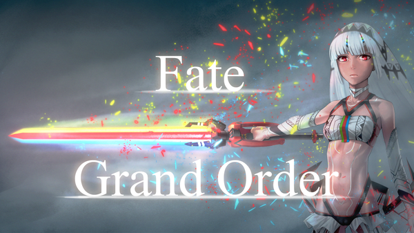 Anime picture 1120x630 with fate (series) fate/grand order altera (fate) amino (tn7135) single long hair looking at viewer fringe light erotic red eyes wide image holding white hair blunt bangs lips midriff tattoo text dark skin glowing weapon