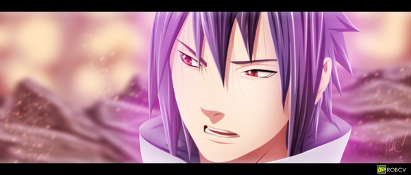 Anime picture 2100x896 with naruto studio pierrot naruto (series) uchiha sasuke robcv highres short hair open mouth red eyes wide image purple hair coloring close-up face sharingan dust boy