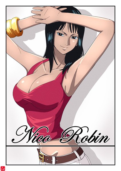 Anime picture 1448x2048 with one piece toei animation nico robin chris re5 single long hair tall image looking at viewer fringe breasts blue eyes light erotic black hair simple background smile large breasts standing signed cleavage arms up