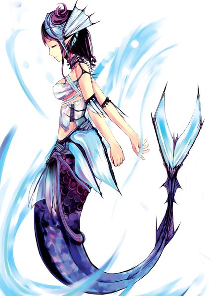 Anime picture 1600x2259 with original anemos single tall image fringe short hair simple background white background bare shoulders purple hair full body profile light smile pointy ears midriff grey eyes looking down monster girl girl mermaid