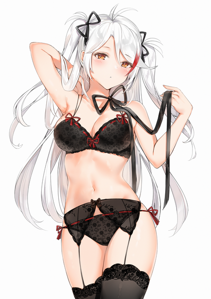 Anime picture 3035x4299 with azur lane prinz eugen (azur lane) yukineko1018 single long hair tall image looking at viewer blush fringe highres breasts light erotic simple background large breasts standing white background bare shoulders holding absurdres cleavage