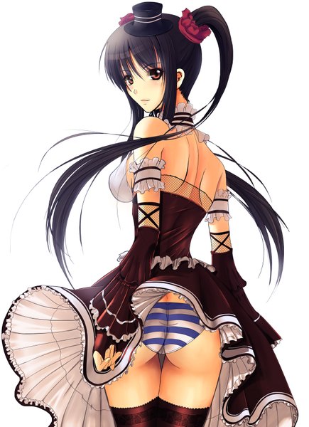 Anime picture 2480x3418 with original soyokaze single long hair tall image highres light erotic black hair twintails bare shoulders brown eyes ass girl thighhighs dress underwear panties black thighhighs detached sleeves