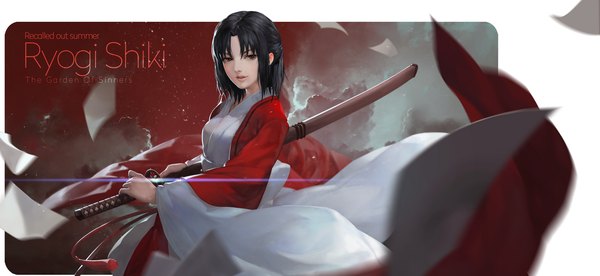 Anime picture 1630x750 with kara no kyoukai type-moon ryougi shiki lightofheaven single looking at viewer short hair black hair wide image brown eyes traditional clothes japanese clothes girl weapon sword kimono katana