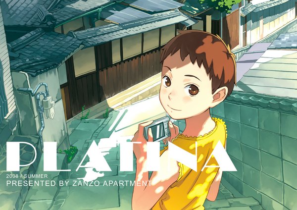 Anime picture 1130x800 with katoh akatsuki short hair smile brown hair brown eyes looking back from behind inscription girl building (buildings) house camera