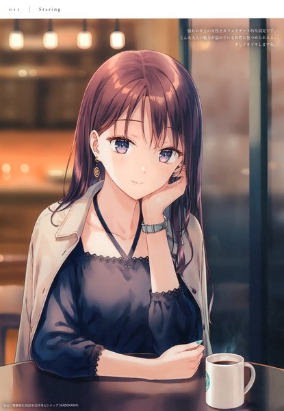 Anime picture 2405x3473 with original hiten (hitenkei) single long hair tall image looking at viewer blush fringe highres brown hair purple eyes upper body nail polish fingernails blurry scan depth of field hieroglyph clothes on shoulders head rest