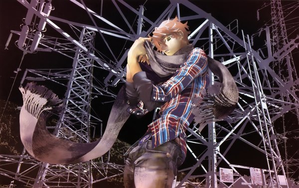 Anime picture 3382x2136 with shiki single highres short hair absurdres boy shirt scarf jeans power lines