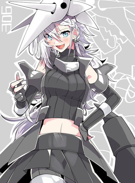 Anime picture 1506x2048 with pokemon nintendo aggron takeshima eku single long hair tall image looking at viewer fringe open mouth blue eyes hair between eyes silver hair :d grey background hand on hip personification gen 3 pokemon pokemon number girl