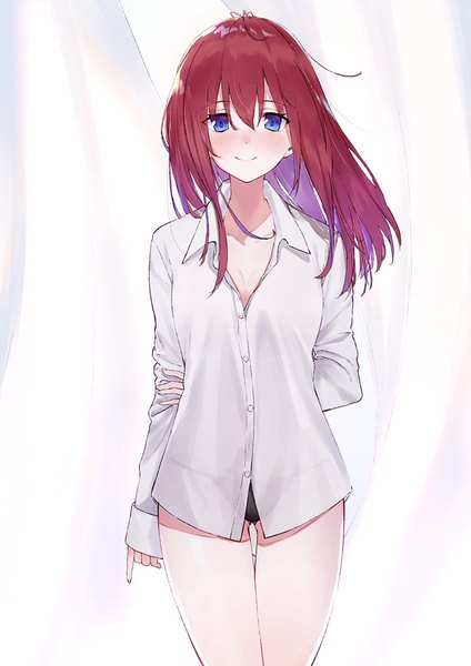 Anime picture 750x1060 with original takubon single long hair tall image looking at viewer fringe breasts blue eyes light erotic simple background hair between eyes white background ahoge red hair wind thighs thigh gap sleeves past wrists ass visible through thighs