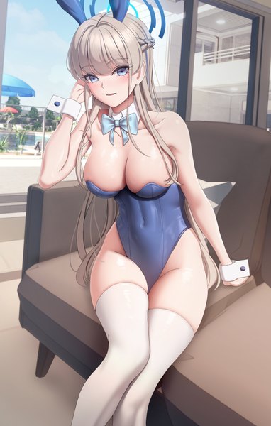 Anime picture 4798x7546 with blue archive toki (blue archive) toki (bunny) (blue archive) merrick single long hair tall image looking at viewer blush fringe highres breasts blue eyes light erotic blonde hair smile large breasts sitting bare shoulders animal ears