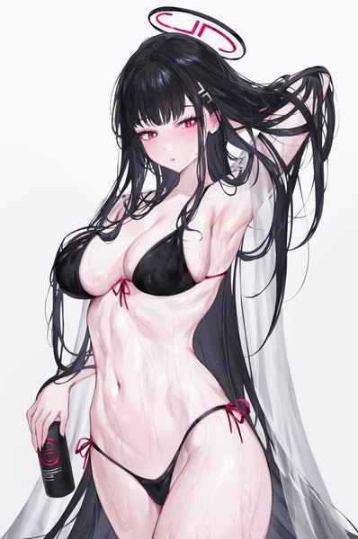 Anime-Bild 3320x5000 mit blue archive rio (blue archive) qiandaiyiyu single tall image blush fringe highres breasts light erotic black hair simple background red eyes large breasts standing white background holding looking away absurdres blunt bangs