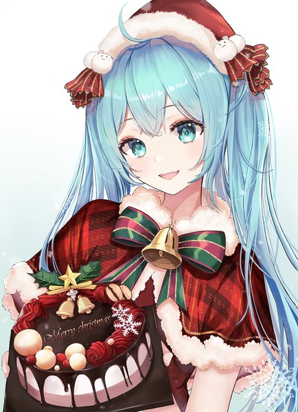 Anime picture 1000x1384 with vocaloid hatsune miku kottungyang single long hair tall image fringe open mouth blue eyes simple background hair between eyes twintails blue hair upper body ahoge head tilt :d gradient background christmas bell collar
