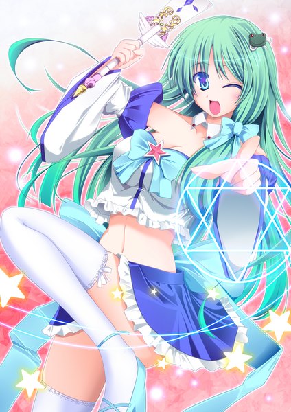 Anime picture 1131x1600 with touhou kochiya sanae fule long hair tall image open mouth blue eyes light erotic one eye closed green hair wink pointing girl thighhighs skirt navel bow detached sleeves miniskirt white thighhighs