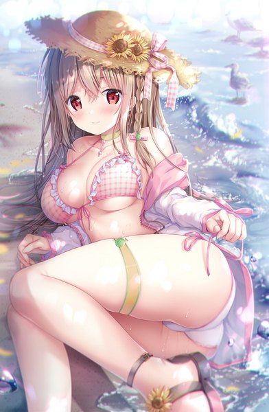 Anime picture 1306x2000 with original melonbooks maeda shiori sousouman single long hair tall image looking at viewer blush fringe breasts light erotic smile hair between eyes red eyes brown hair large breasts outdoors ass lying