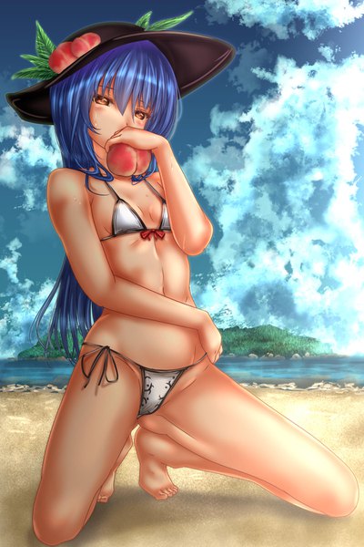 Anime picture 1000x1500 with touhou hinanawi tenshi shounen (hogehoge) single long hair tall image looking at viewer blush fringe breasts light erotic hair between eyes bare shoulders holding brown eyes payot blue hair sky cloud (clouds) full body