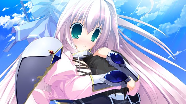 Anime picture 1280x720 with tiny dungeon (game) rosebleu note rumu long hair wide image green eyes pink hair game cg girl