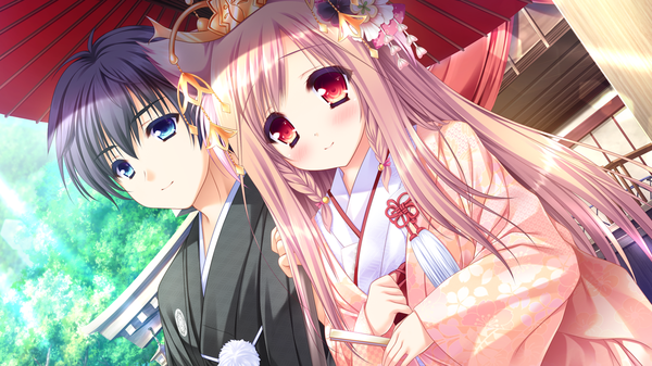 Anime picture 1280x720 with tayutama 2 mito kohaku long hair blush short hair blue eyes black hair red eyes brown hair wide image animal ears game cg traditional clothes japanese clothes couple shared umbrella girl boy hair ornament kimono