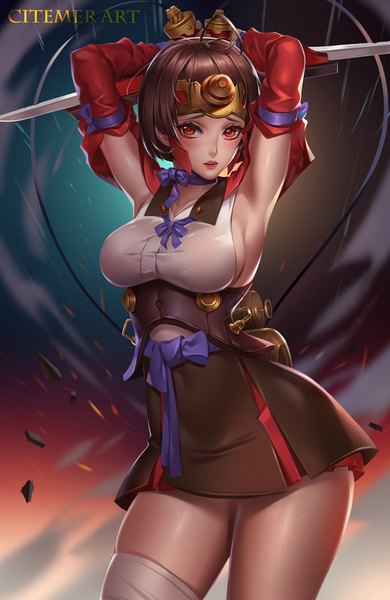 Anime picture 665x1024 with koutetsujou no kabaneri wit studio mumei (kabaneri) gu-ko citemer single tall image looking at viewer blush short hair breasts light erotic red eyes brown hair armpit (armpits) girl skirt hair ornament weapon detached sleeves gun