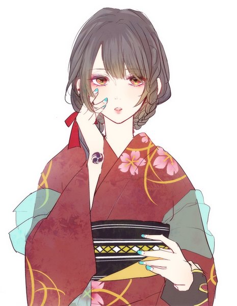 Anime picture 687x887 with original chiyo (zl1hl) single long hair tall image looking at viewer open mouth simple background brown hair white background upper body nail polish traditional clothes japanese clothes tattoo floral print multicolored eyes hand on cheek aqua nail polish nail art