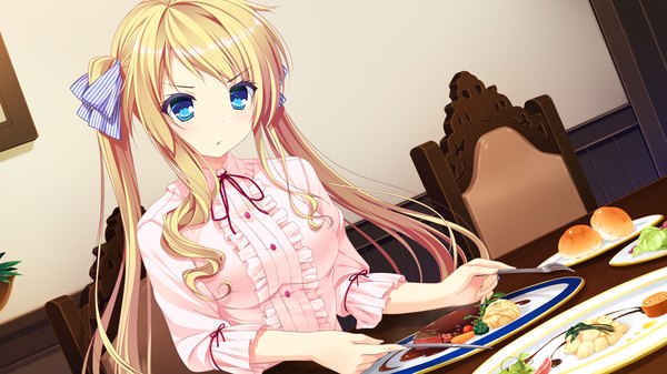 Anime picture 1280x720 with harvest overray giga mikami lilia single long hair looking at viewer blue eyes blonde hair wide image twintails game cg girl dress bow hair bow food frills