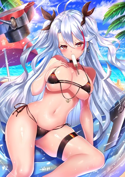 Anime picture 990x1400 with azur lane prinz eugen (azur lane) prinz eugen (unfading smile) (azur lane) rindou (rdgraphica) single long hair tall image looking at viewer blush fringe breasts light erotic hair between eyes sitting holding brown eyes sky silver hair cloud (clouds) ahoge