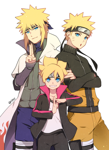 Anime picture 800x1100 with naruto studio pierrot naruto (series) uzumaki naruto namikaze minato uzumaki boruto nipye tall image looking at viewer short hair blue eyes simple background blonde hair smile white background signed payot parted lips head tilt open jacket