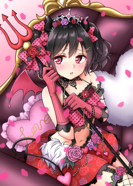 Anime picture 2591x3624 with love live! school idol project sunrise (studio) love live! yazawa nico takochan77 single tall image blush fringe highres short hair open mouth light erotic black hair hair between eyes red eyes sitting twintails bare shoulders looking away