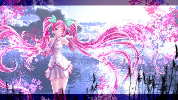 Anime picture 1500x843 with vocaloid hatsune miku sakura miku yusuke (shiota) single fringe smile wide image standing bare shoulders pink hair sky cloud (clouds) very long hair pleated skirt one eye closed pink eyes wink sunlight cherry blossoms