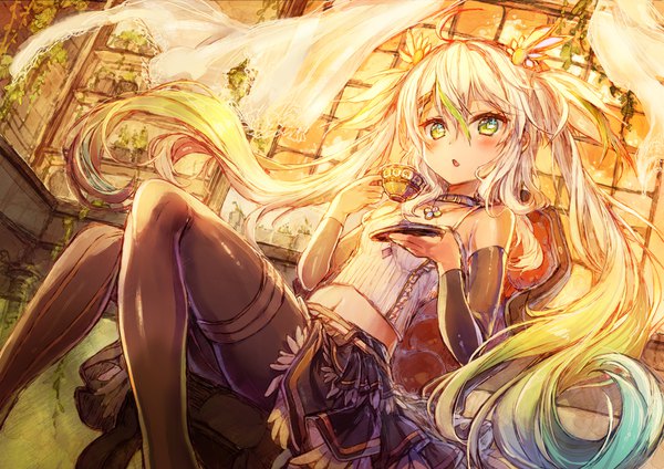 Anime picture 1736x1228 with original camomi single looking at viewer blush fringe highres blonde hair hair between eyes sitting twintails bare shoulders holding yellow eyes payot ahoge bent knee (knees) indoors very long hair parted lips