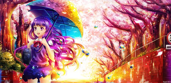 Anime picture 1152x560 with original raayzel single long hair open mouth wide image purple eyes multicolored hair two-tone hair girl skirt uniform plant (plants) school uniform petals tree (trees) umbrella