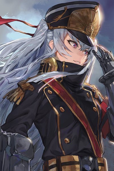 Anime picture 800x1200 with re:creators altair (re:creators) modare single long hair tall image fringe smile hair between eyes red eyes twintails looking away cloud (clouds) upper body parted lips wind grey hair sunlight girl uniform