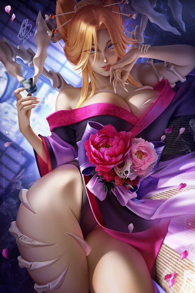 Anime picture 2000x3000 with bleach studio pierrot matsumoto rangiku olchas single tall image looking at viewer fringe highres short hair breasts blue eyes light erotic blonde hair large breasts bare shoulders holding signed cleavage indoors