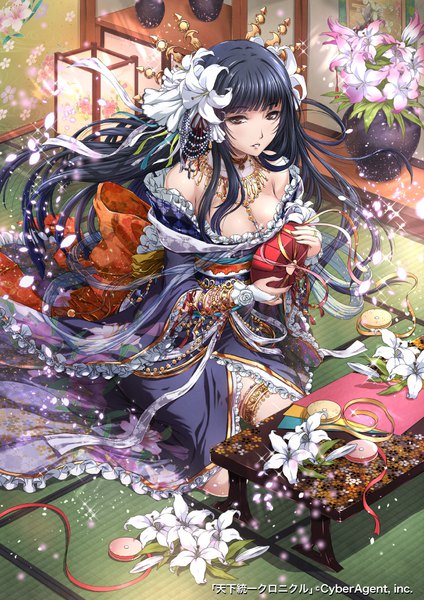 Anime picture 800x1131 with tenkuu no crystalia sakiyamama single long hair tall image looking at viewer blush fringe breasts light erotic black hair sitting bare shoulders holding brown eyes payot cleavage indoors blunt bangs traditional clothes