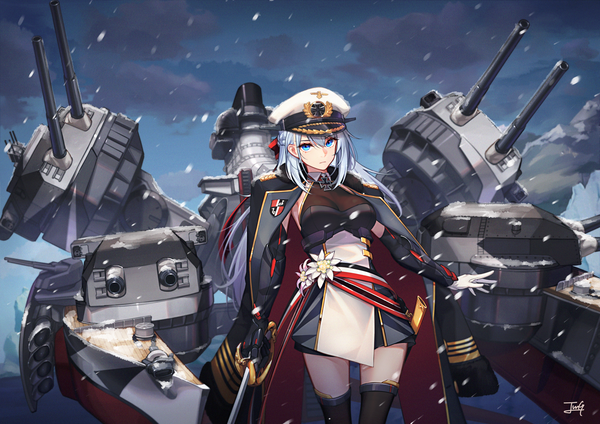 Anime picture 4093x2894 with blue oath tirpitz (blue oath) baek hyang single long hair looking at viewer fringe highres breasts blue eyes hair between eyes standing holding signed absurdres sky silver hair cloud (clouds) outdoors snowing