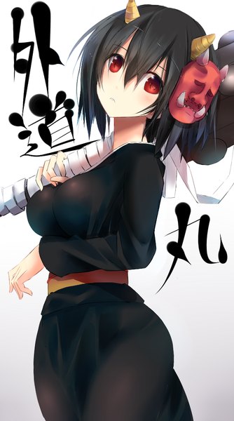 Anime picture 635x1139 with gintama sunrise (studio) gedomaru nao (qqqbb) single tall image blush short hair breasts black hair red eyes large breasts horn (horns) inscription teeth fang (fangs) oni horns girl weapon mask