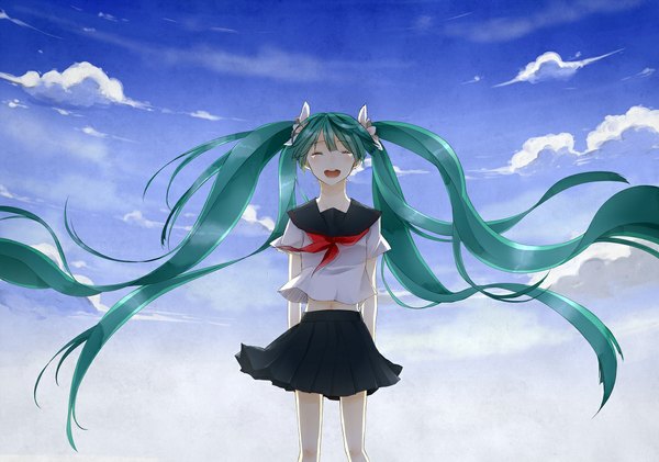 Anime picture 1061x746 with vocaloid hatsune miku single blush open mouth standing twintails sky cloud (clouds) eyes closed very long hair wind aqua hair alternate costume tears happy pale skin crying weightlessness girl